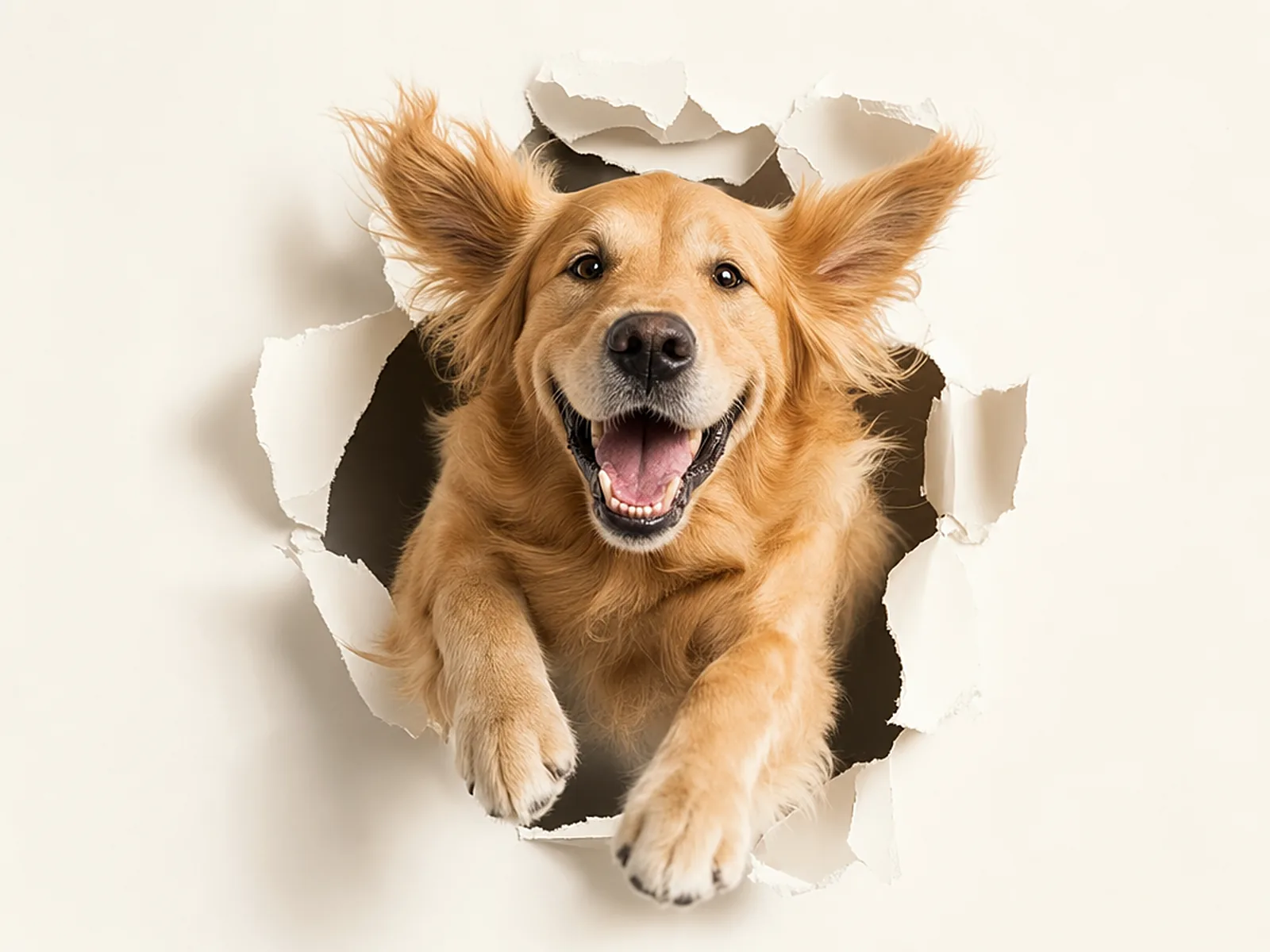 A dog bursting through torn paper