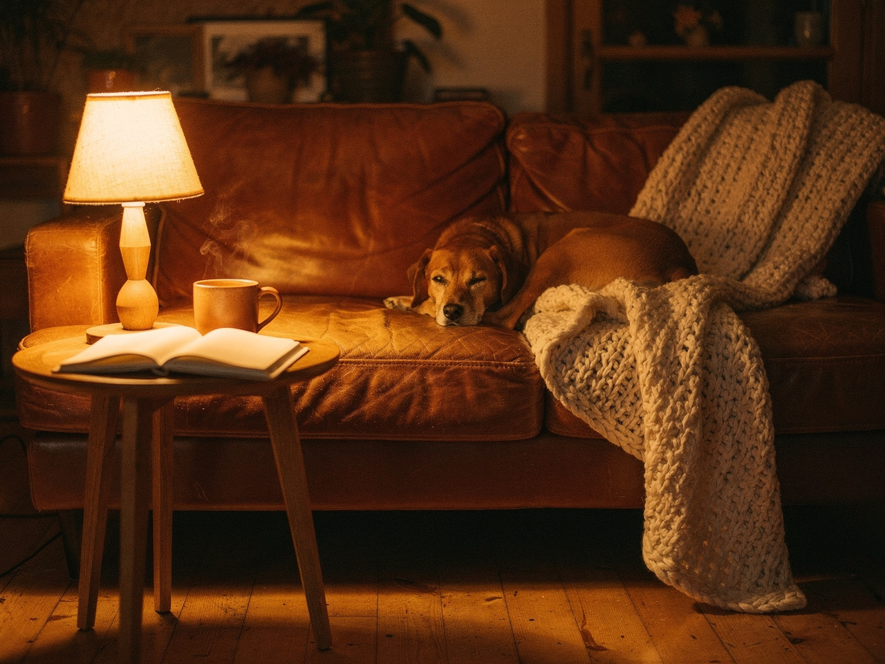 Cozy living room, dog dozing on the sofa
