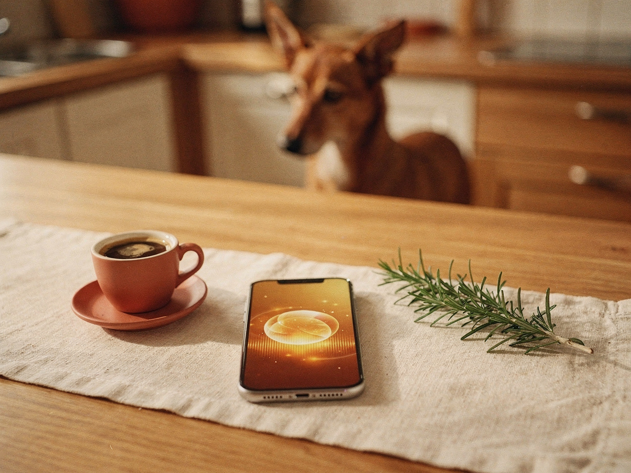 A phone on the kitchen counter while the dog watches